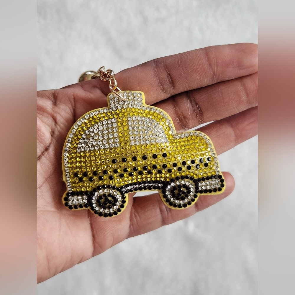 Yellow Taxi Rhinestone Car Keychain Bag Charm - Picture 4 of 4